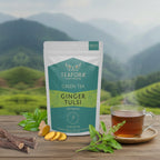 TEAFORA Ginger Tulsi Green Tea | Darjeeling Loose Leaf | Indian Superfoods Ginger, Tulsi & Licorice | Relieves Stress & Aids Digestion | Brew Hot or Iced Tea | Grocsy