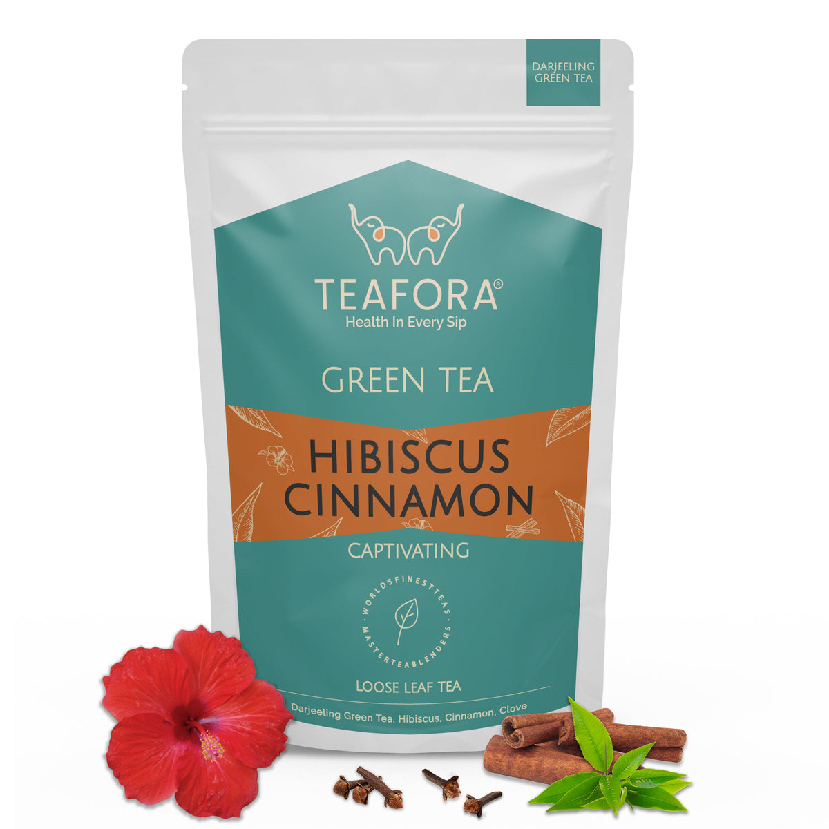 TEAFORA Hibiscus Cinnamon Green Tea | Darjeeling Loose Leaf | 100% Natural Hibiscus Flower, Cinnamon & Clove | Delicious & Refreshing | Brew Hot or Iced Tea | Grocsy