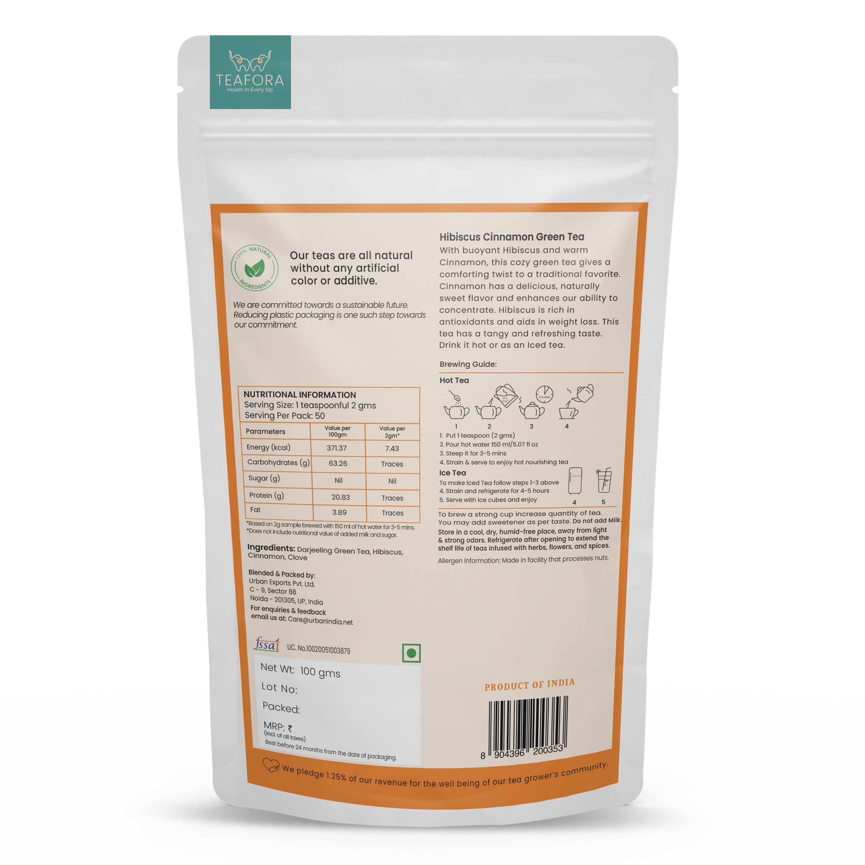 TEAFORA Hibiscus Cinnamon Green Tea | Darjeeling Loose Leaf | 100% Natural Hibiscus Flower, Cinnamon & Clove | Delicious & Refreshing | Brew Hot or Iced Tea | Grocsy