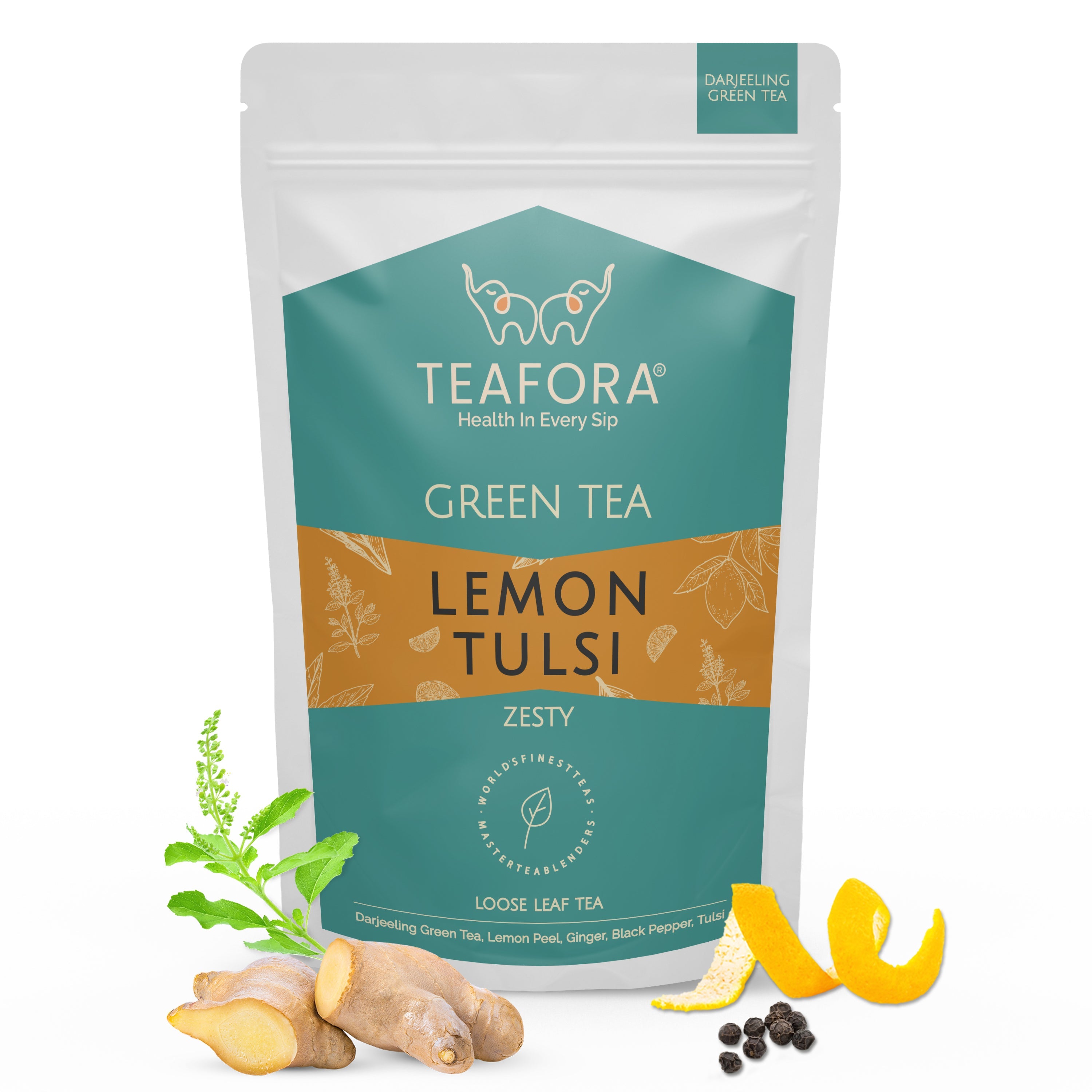 TEAFORA Lemon Tulsi Green Tea | Darjeeling Loose Leaf | Stress Relief Tea | Immune Support Tea | 100% Natural Ingredients | Brew 50 Cups Hot or Iced Tea | Grocsy
