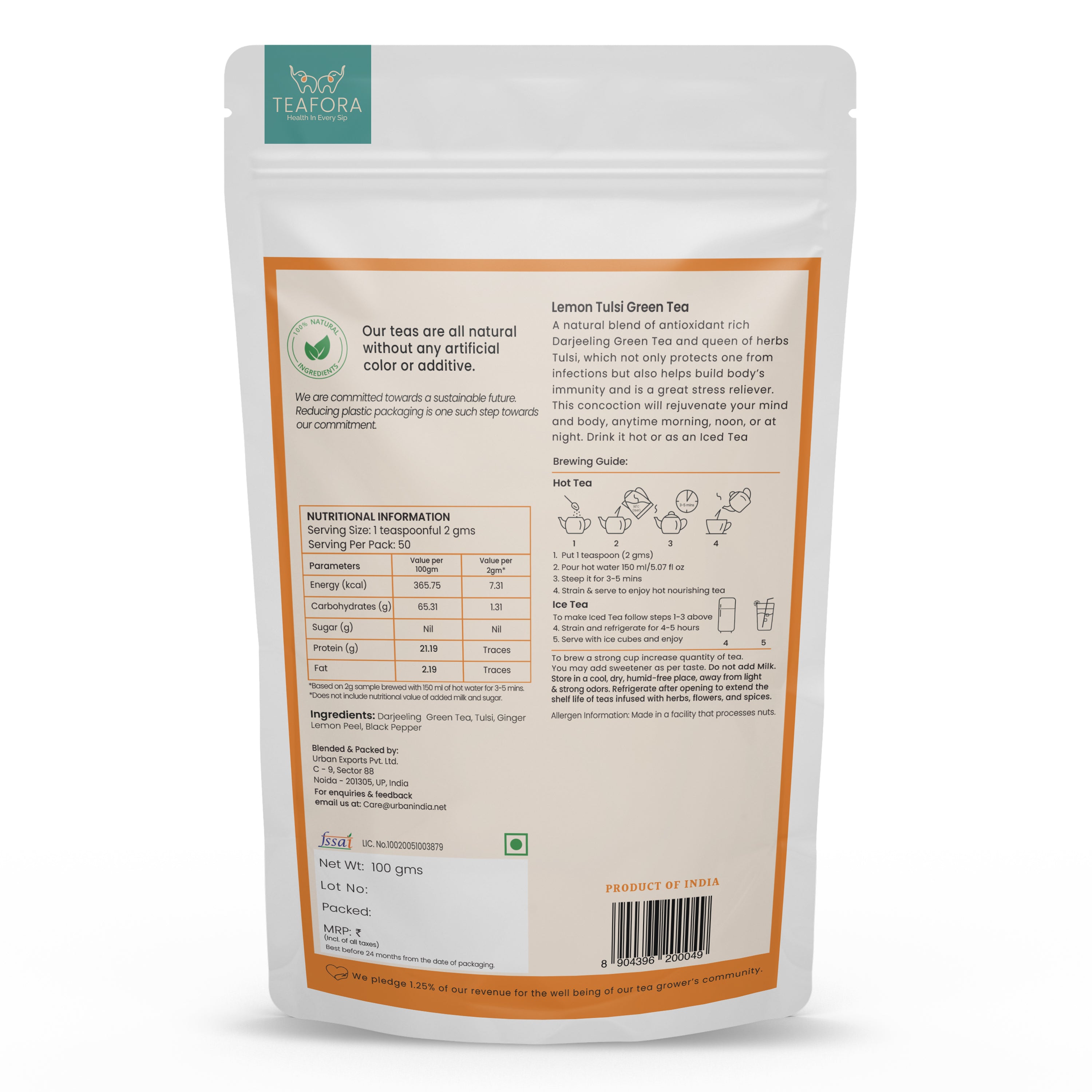 TEAFORA Lemon Tulsi Green Tea | Darjeeling Loose Leaf | Stress Relief Tea | Immune Support Tea | 100% Natural Ingredients | Brew 50 Cups Hot or Iced Tea | Grocsy
