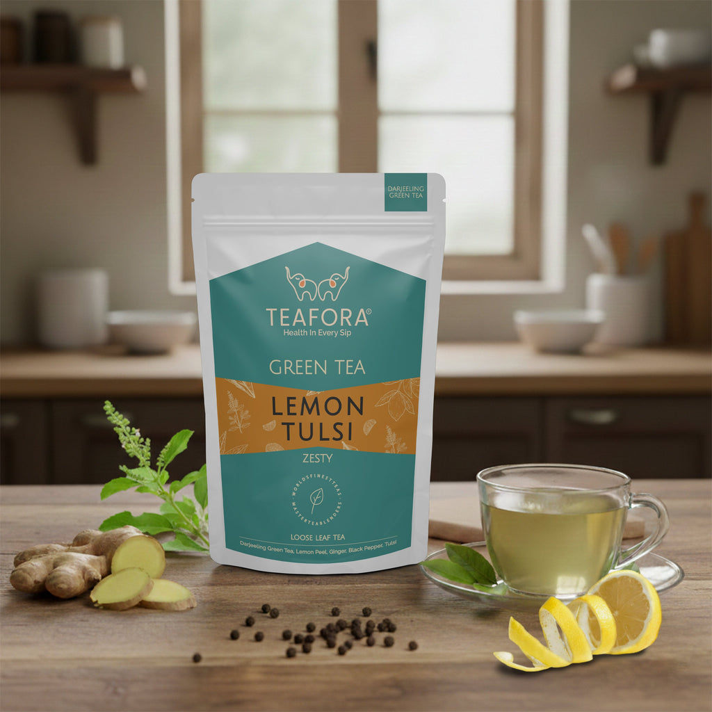 TEAFORA Lemon Tulsi Green Tea | Darjeeling Loose Leaf | Stress Relief Tea | Immune Support Tea | 100% Natural Ingredients | Brew 50 Cups Hot or Iced Tea | Grocsy