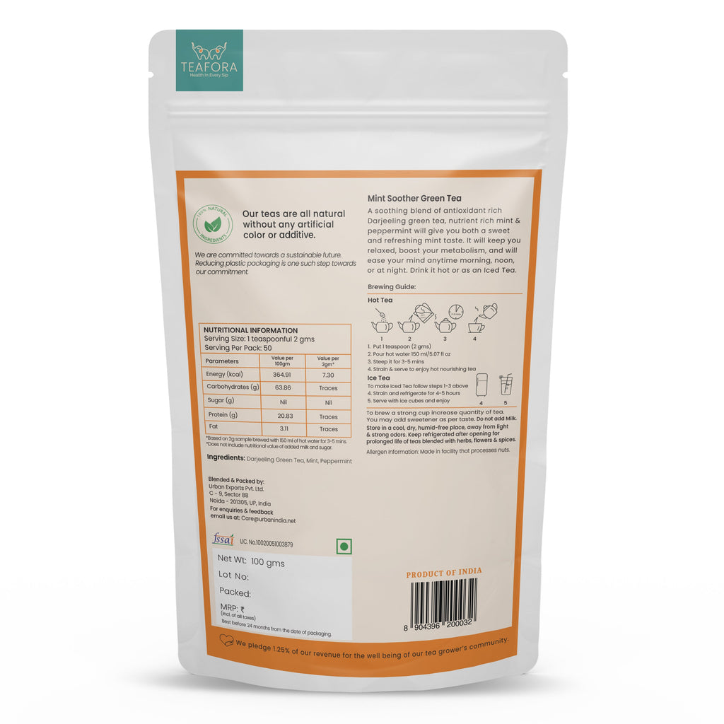 TEAFORA Mint Soother Green Tea | Darjeeling Loose Leaves | Blended with Fresh Mint & Peppermint Leaves | Refreshing & Calming Tea | 50 Cups Hot or Iced Tea | Grocsy