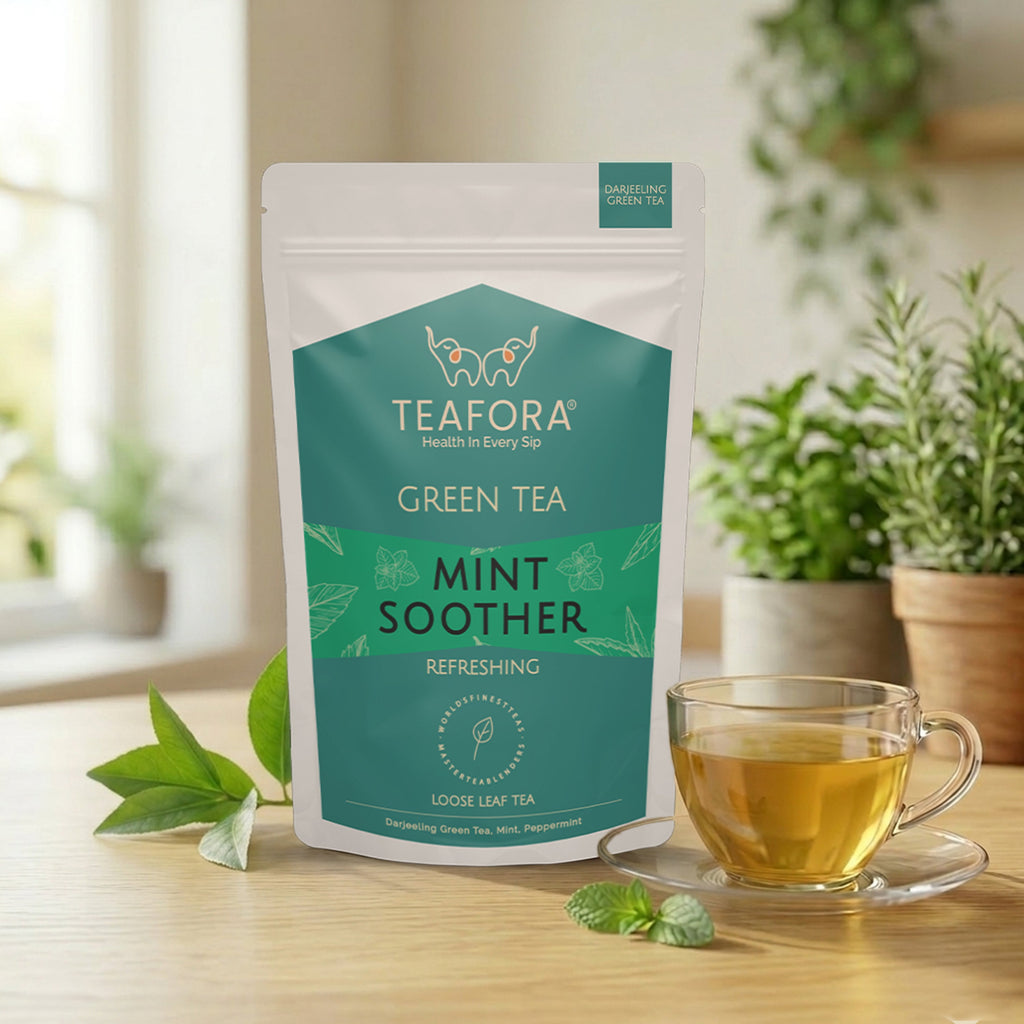 TEAFORA Mint Soother Green Tea | Darjeeling Loose Leaves | Blended with Fresh Mint & Peppermint Leaves | Refreshing & Calming Tea | 50 Cups Hot or Iced Tea | Grocsy
