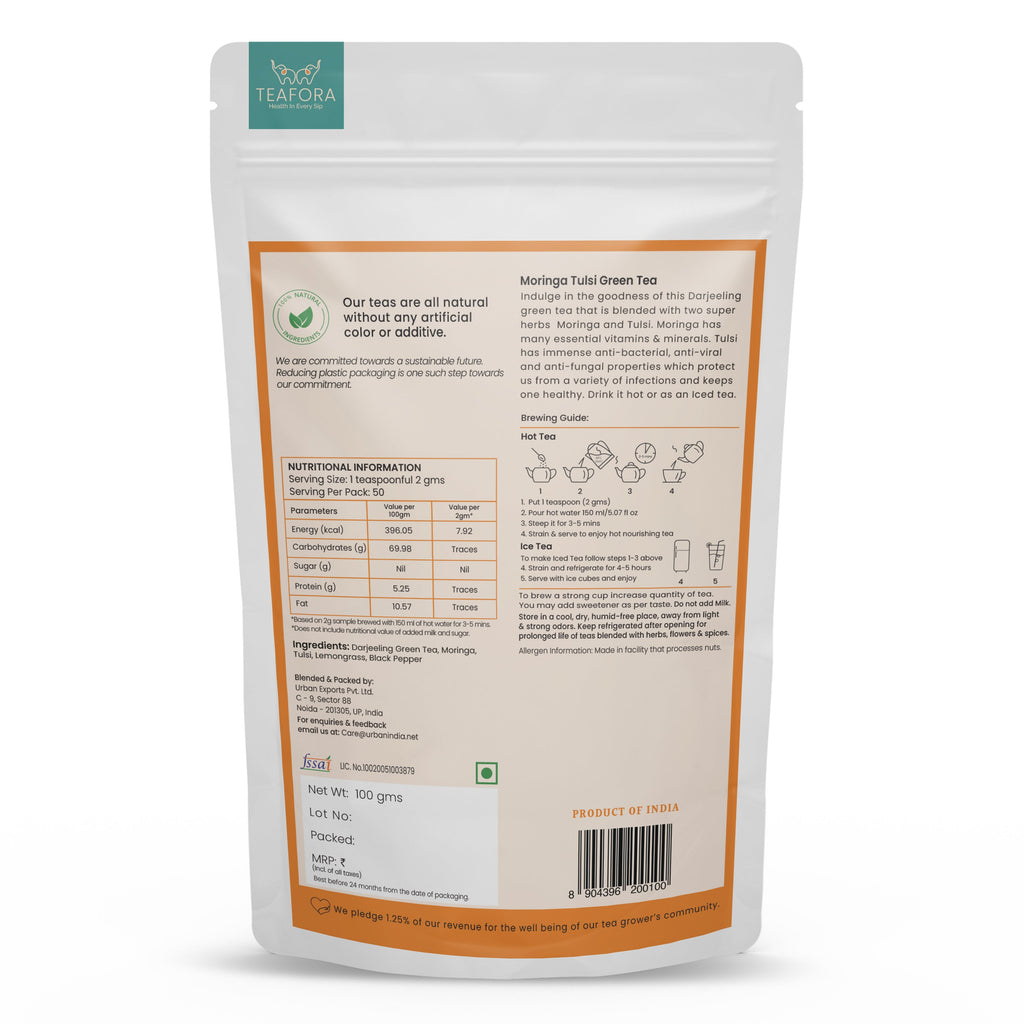 TEAFORA Moringa Tulsi Green Tea | Darjeeling Loose Leaf Tea | 100% Natural Moringa & Tulsi Leaves | Immune Support Tea | Grocsy