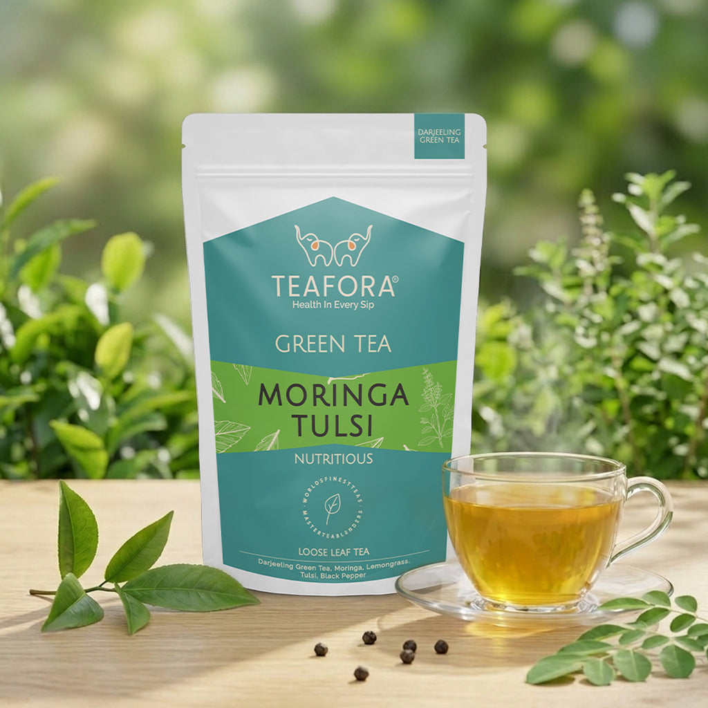 TEAFORA Moringa Tulsi Green Tea | Darjeeling Loose Leaf Tea | 100% Natural Moringa & Tulsi Leaves | Immune Support Tea | Grocsy