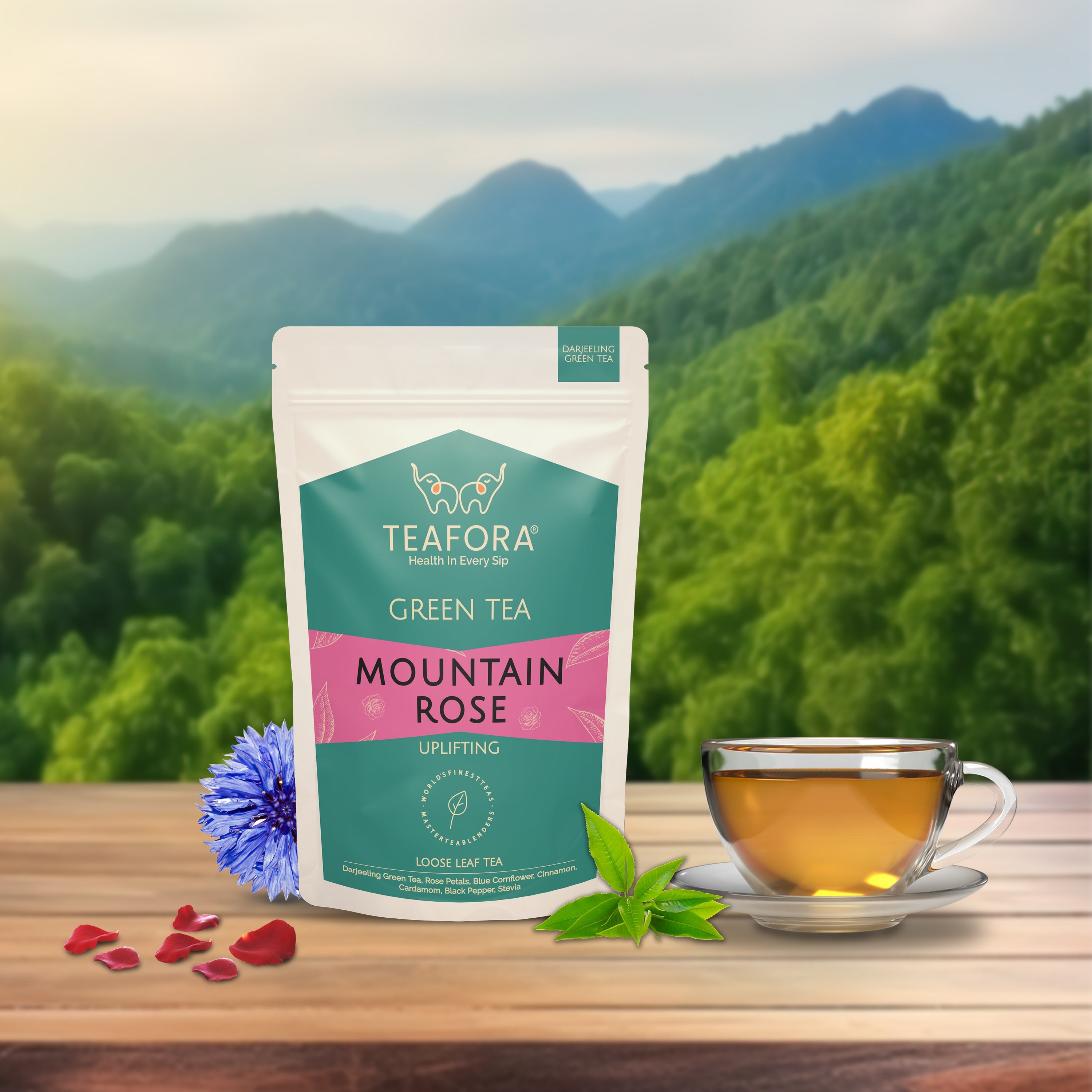 TEAFORA Mountain Rose Green Tea | Loose Leaf Tea | Blended with Rose Petals, Blue Cornflower & Cinnamon | 100% NATURAL INGREDIENTS | Brew Hot or Iced Tea | Grocsy