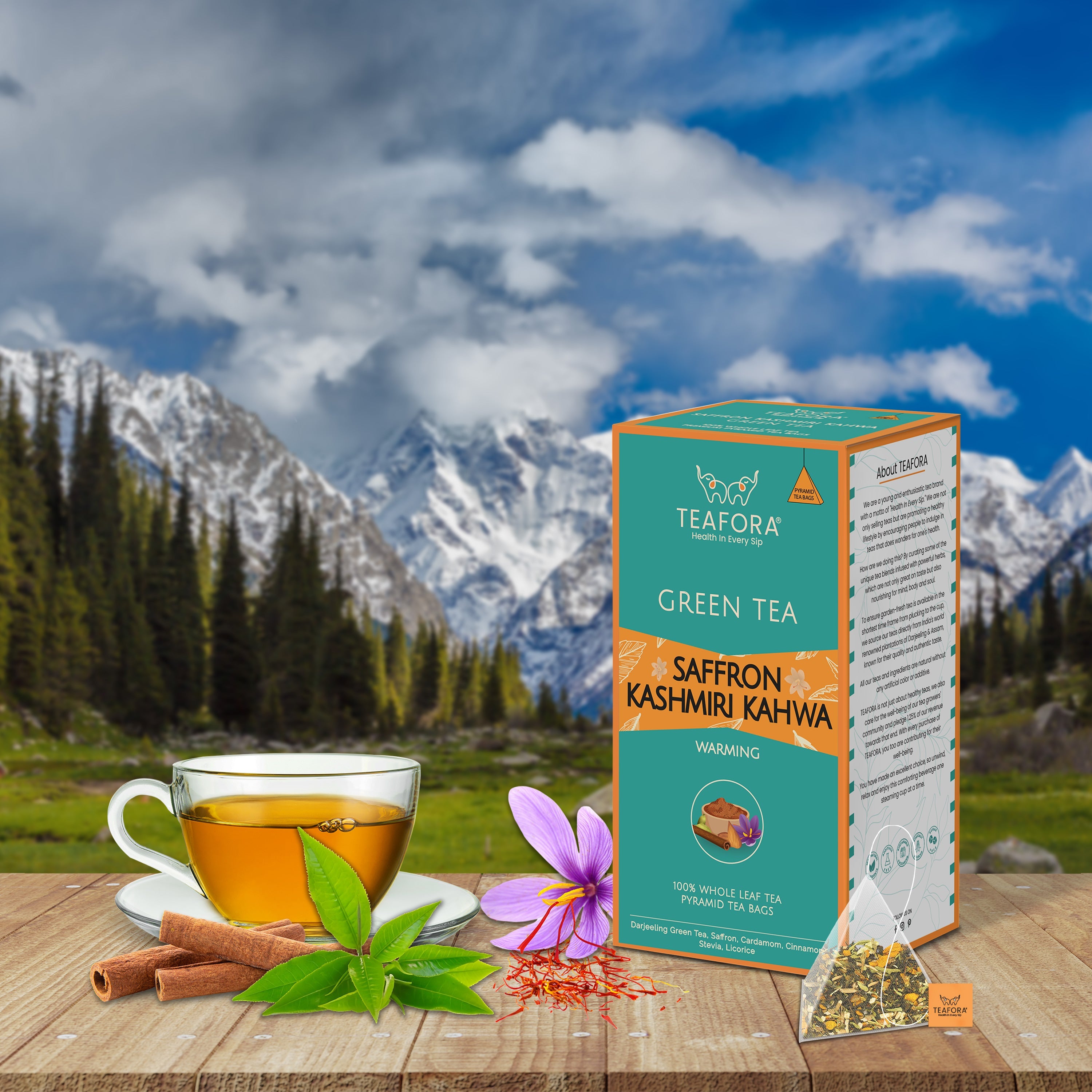 TEAFORA Saffron Kashmiri Kahwa | 20 Count Pyramid Tea Bags | Grocsy