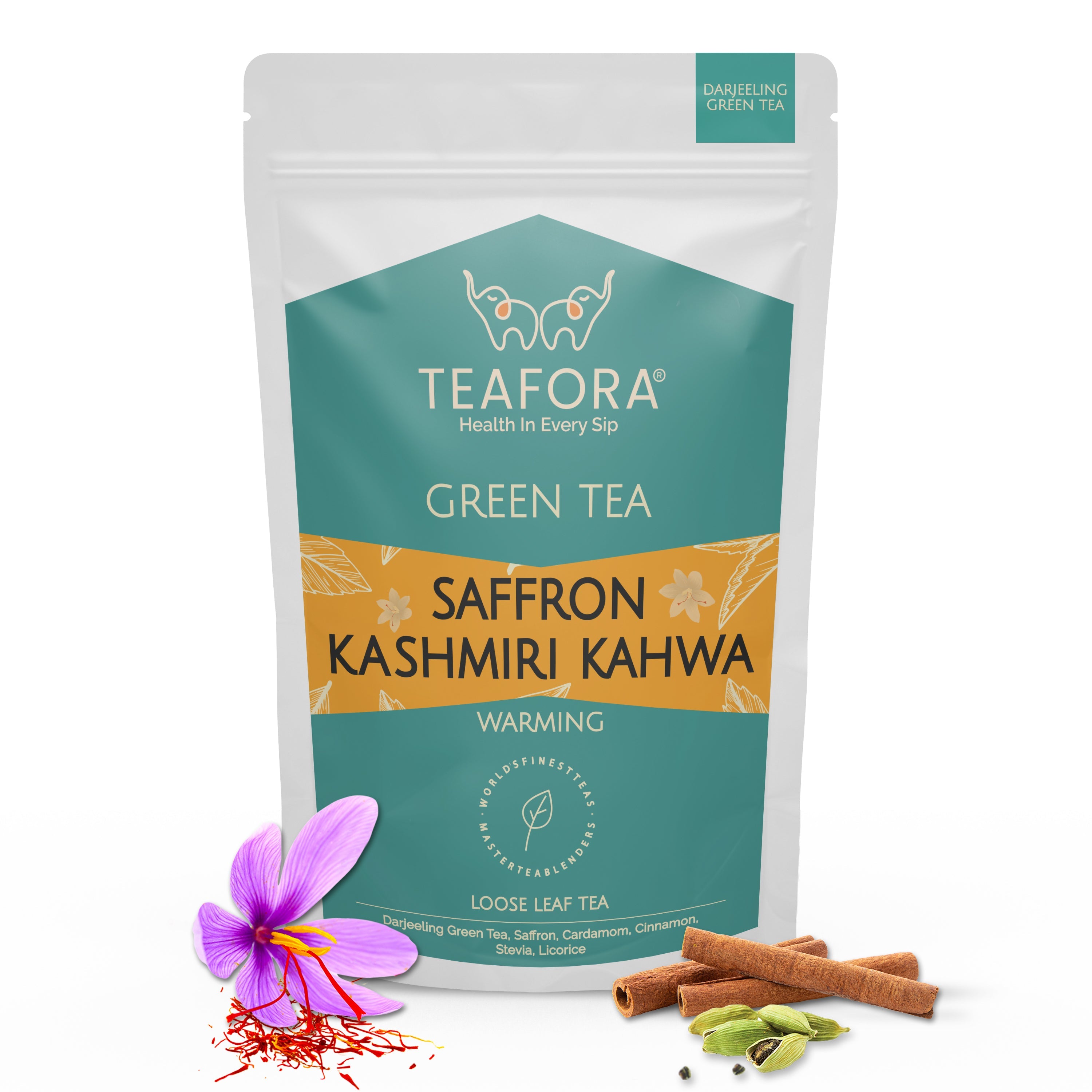 TEAFORA Saffron Kashmiri Kahwa | Loose Leaf Green Tea | Saffron, Cardamom, Cinnamon, Almond | Warming & Soothing Tea | Improves Digestion, Boosts Immunity | 100% NATURAL | Grocsy