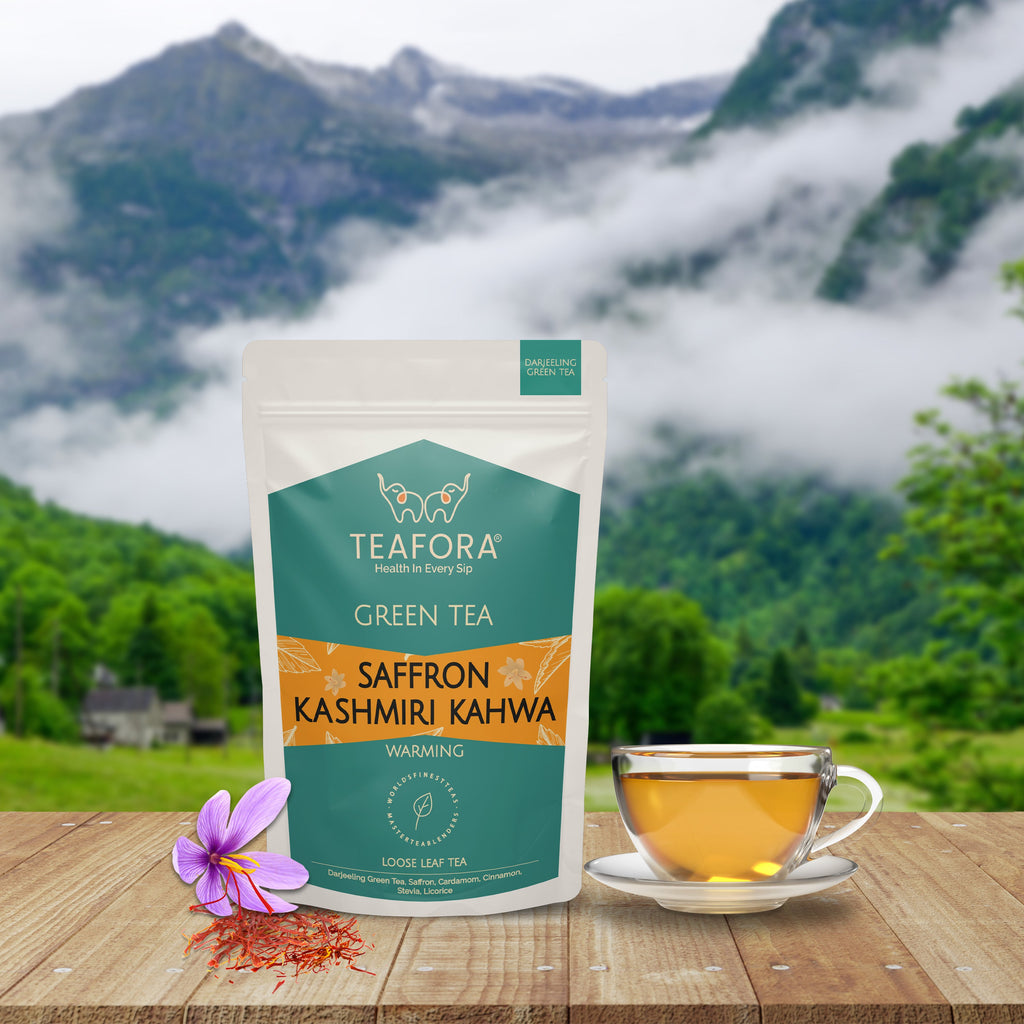 TEAFORA Saffron Kashmiri Kahwa | Loose Leaf Green Tea | Saffron, Cardamom, Cinnamon, Almond | Warming & Soothing Tea | Improves Digestion, Boosts Immunity | 100% NATURAL | Grocsy