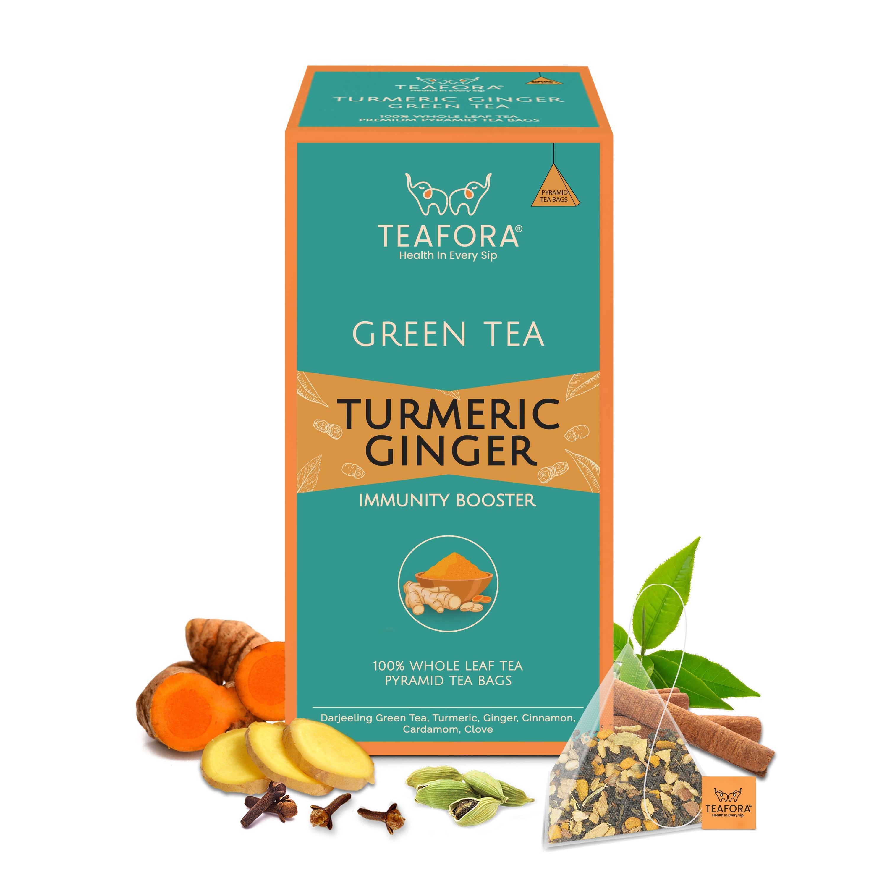 TEAFORA Turmeric Ginger Green Tea | 20 Count Pyramid Tea Bags | Grocsy