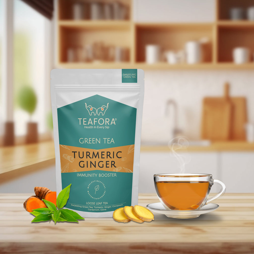 TEAFORA Turmeric Ginger Green Tea | Darjeeling Loose Leaf Tea | Blended with Indian Turmeric, Ginger &  Cinnamon | 100% NATURAL INGREDIENTS | Brew Hot or Iced Tea | Grocsy