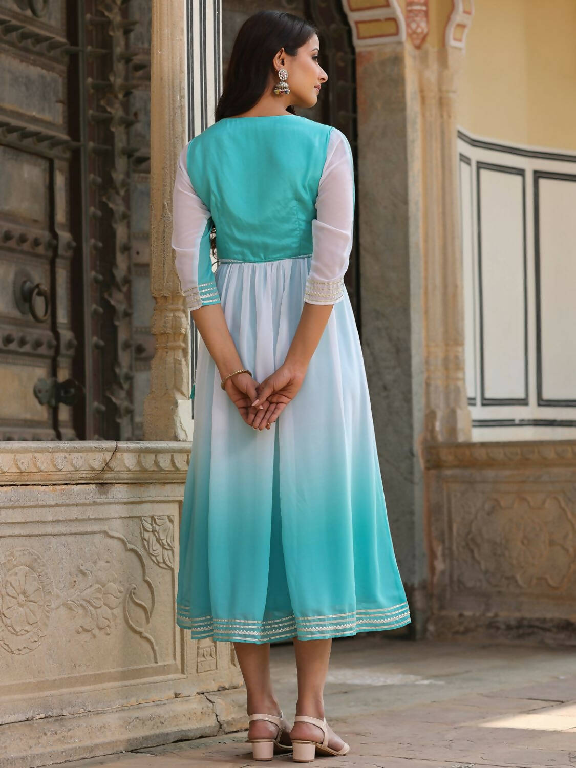 Juniper Women Teal Georgette Embroidered Maxi Dress | Grocsy