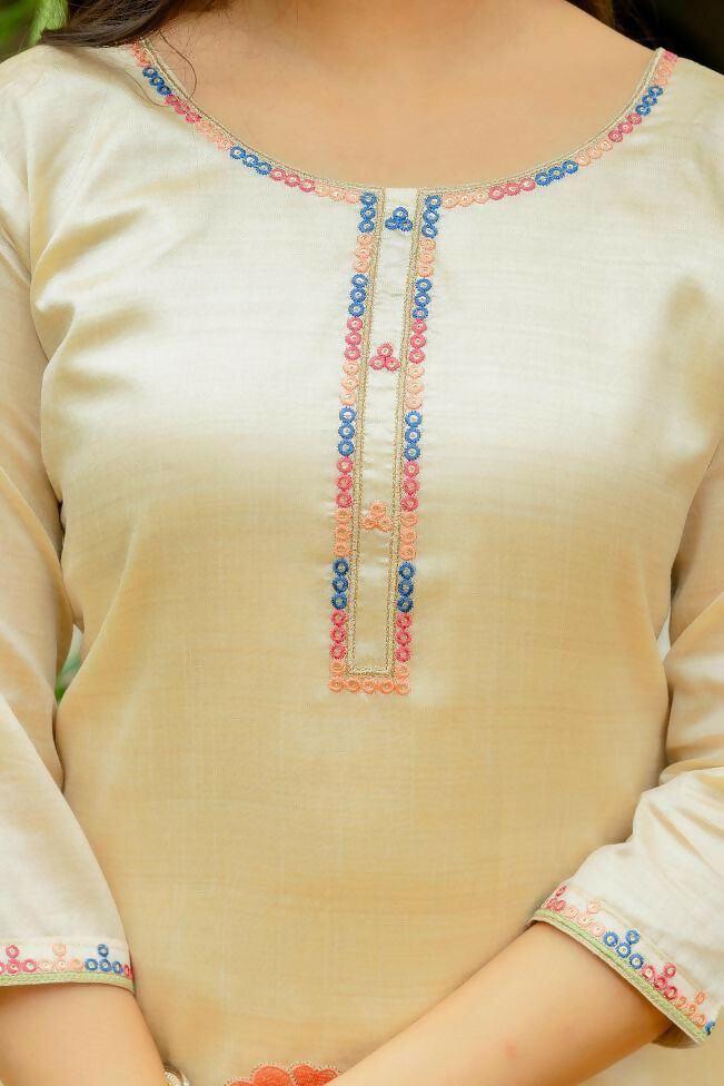 The52 Chiku Women's Beautiful Thread Work Viscose Assam Silk Fabric with Straight Kurta, Pant and Dupatta Set | Grocsy