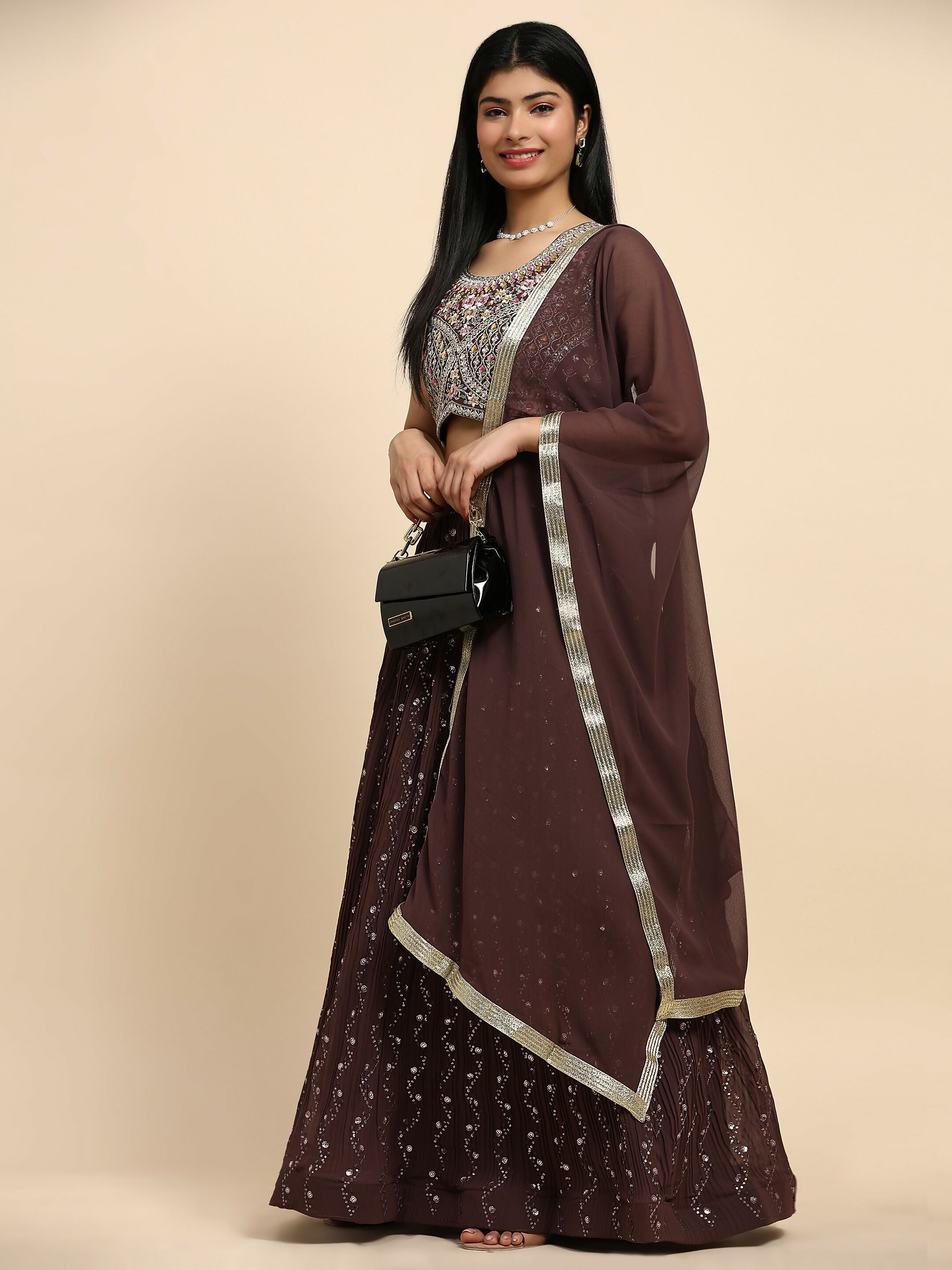 Brown Georgette Embroidered Lehenga choli with Dupatta - Dhara | Grocsy