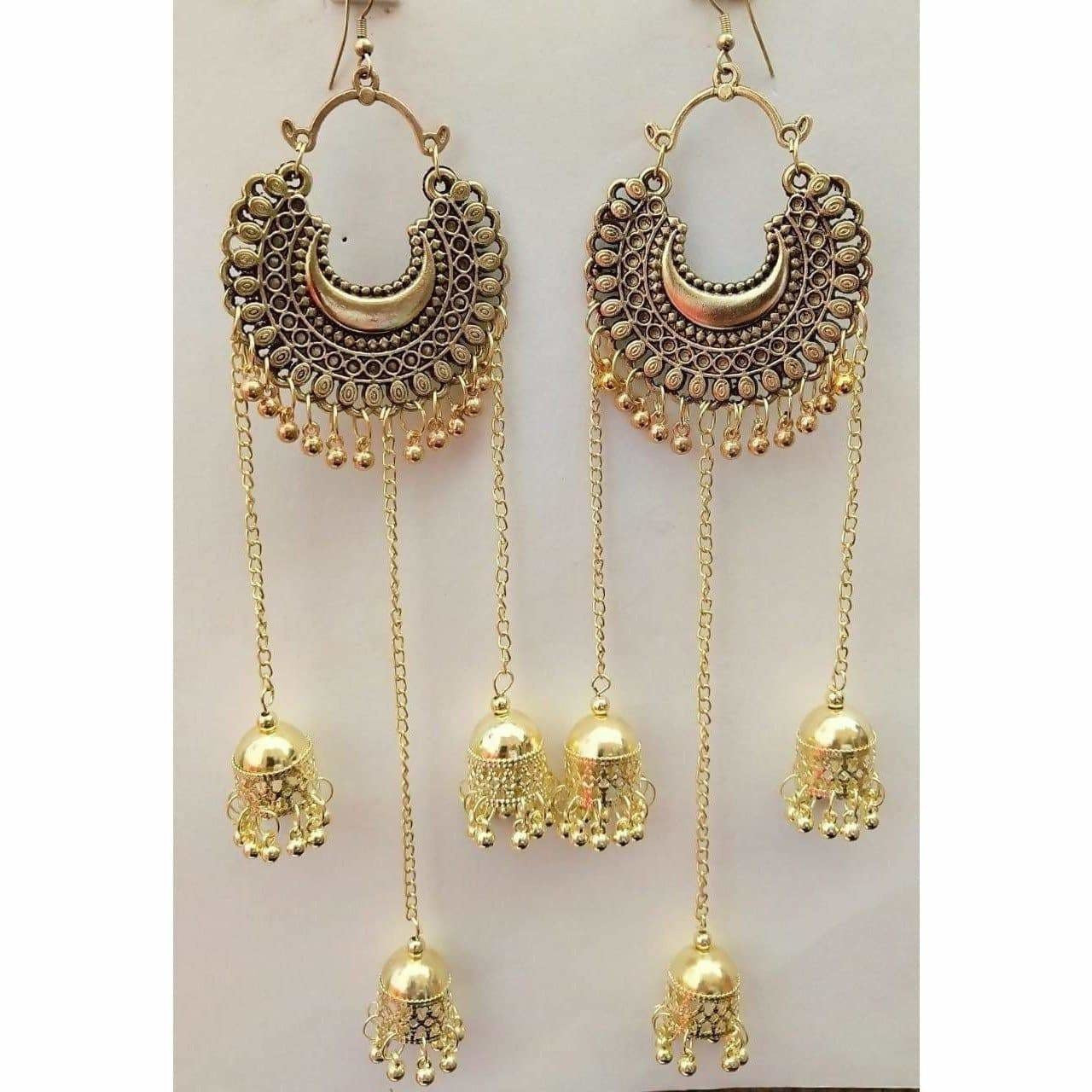 MS Fashion India Afghani Gold-Polished Hanging Triple Jhumka Earrings | Grocsy