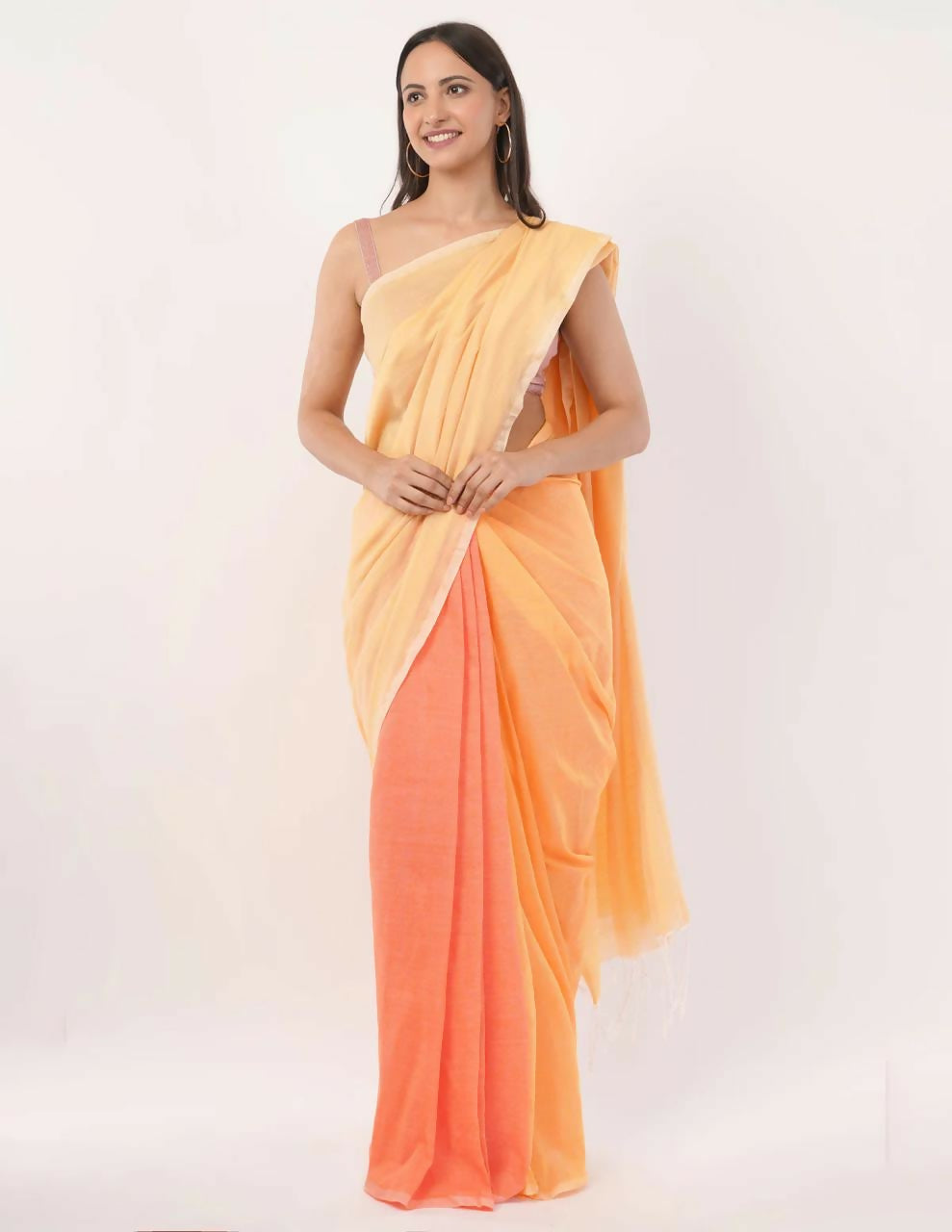 Exclusive Collection Beautiful Khadi Cotton Cream Light Orange Light Yellow Handloom Saree | Grocsy