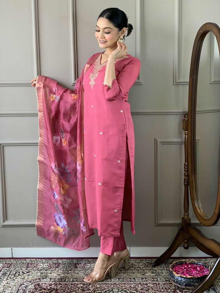 Light Pink Viscose chanderi Stitched Suit With Dupatta - Tanisha | Grocsy