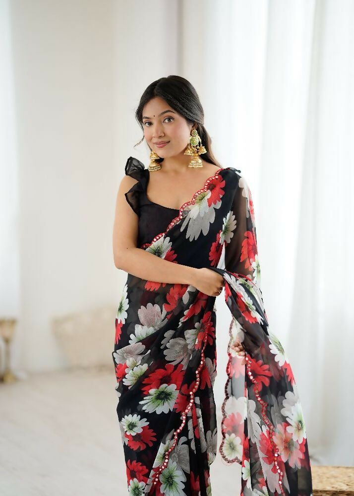 PR Fashion Black Georgette Printed With Mirror Work Saree | Grocsy