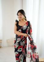 PR Fashion Black Georgette Printed With Mirror Work Saree | Grocsy