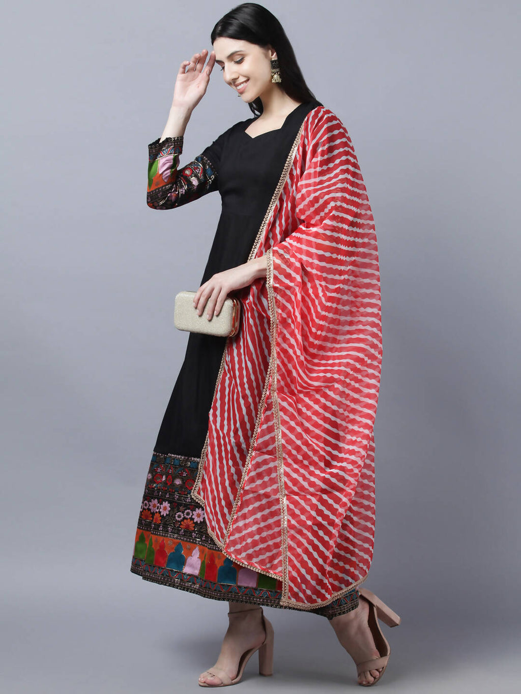 Myshka Women Black Embroidered Detail Anarkali Kurta With Dupatta | Grocsy