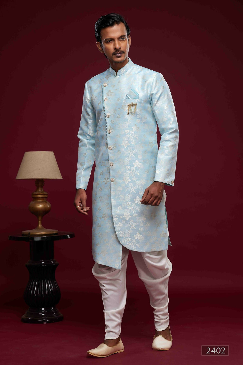 Raivat Ethnic Banarasi Jacquard Embroidery Semi Indo Western Sherwani In Sky Blue Colour | Grocsy