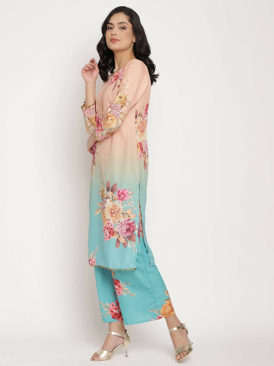 Ahalyaa Women Peach-Coloured Floral Printed Kurta Palazzo Set With Dupatta | Grocsy