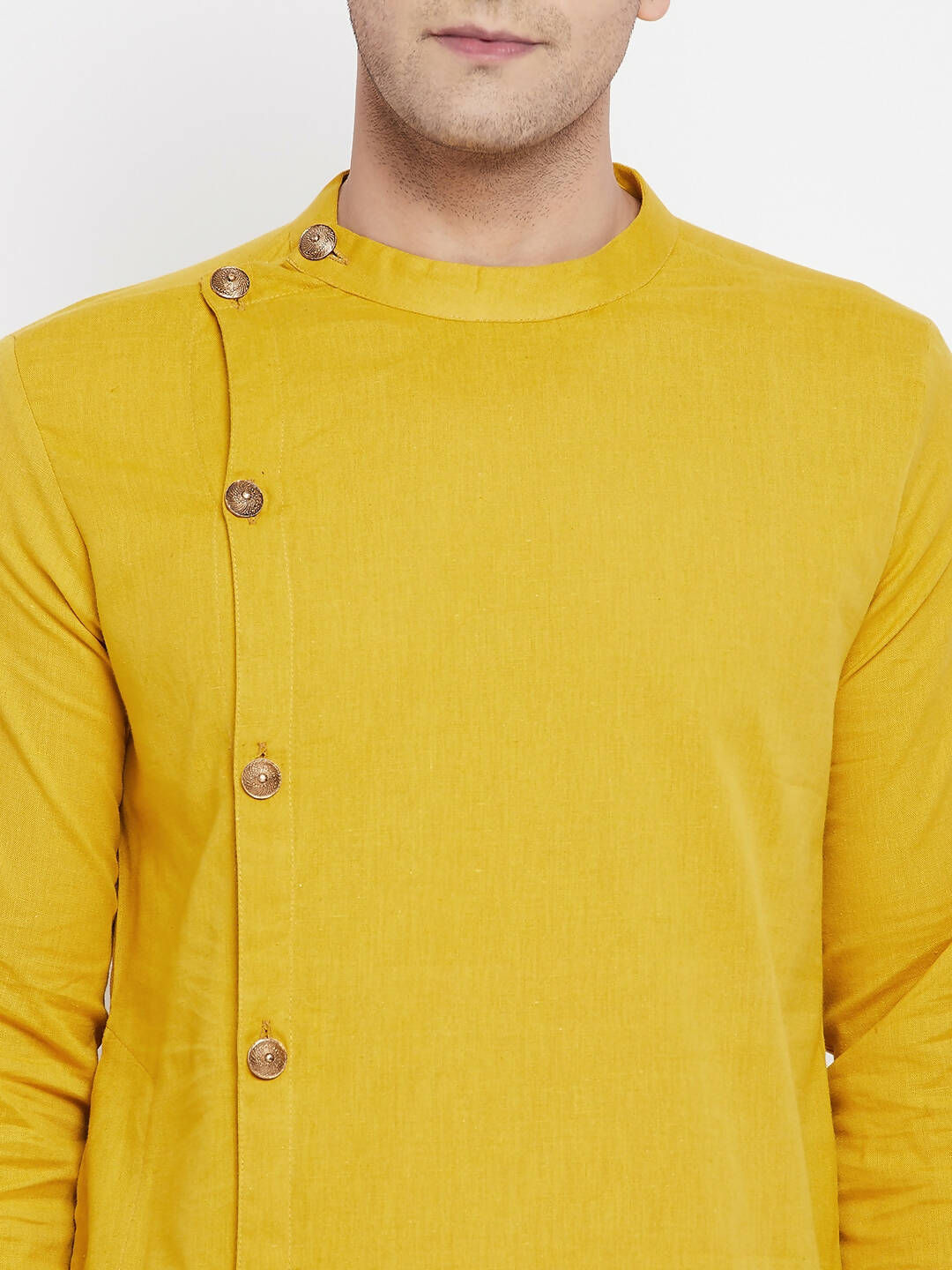 Even Apparels Yellow Pure Cotton Men's Sherwani Kurta With Asymetrical Cut | Grocsy