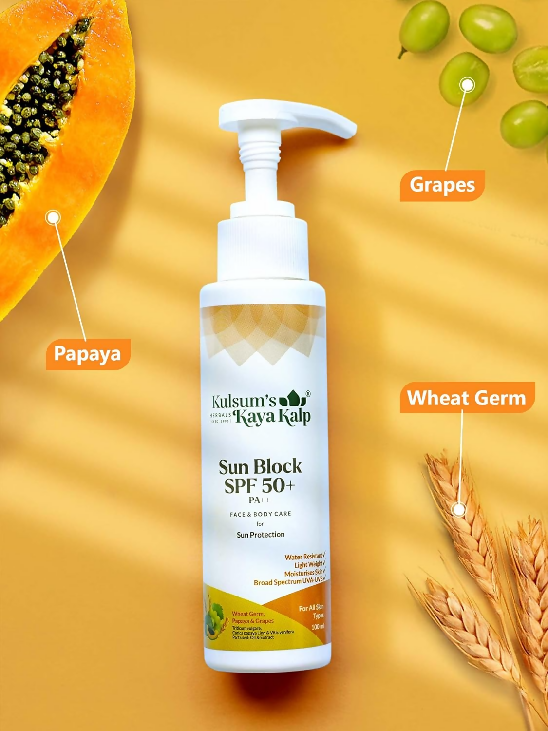 Kulsum's Kaya Kalp Sun Block SPF 50+ With Wheat Germ And Papaya For All Skin Types | Grocsy