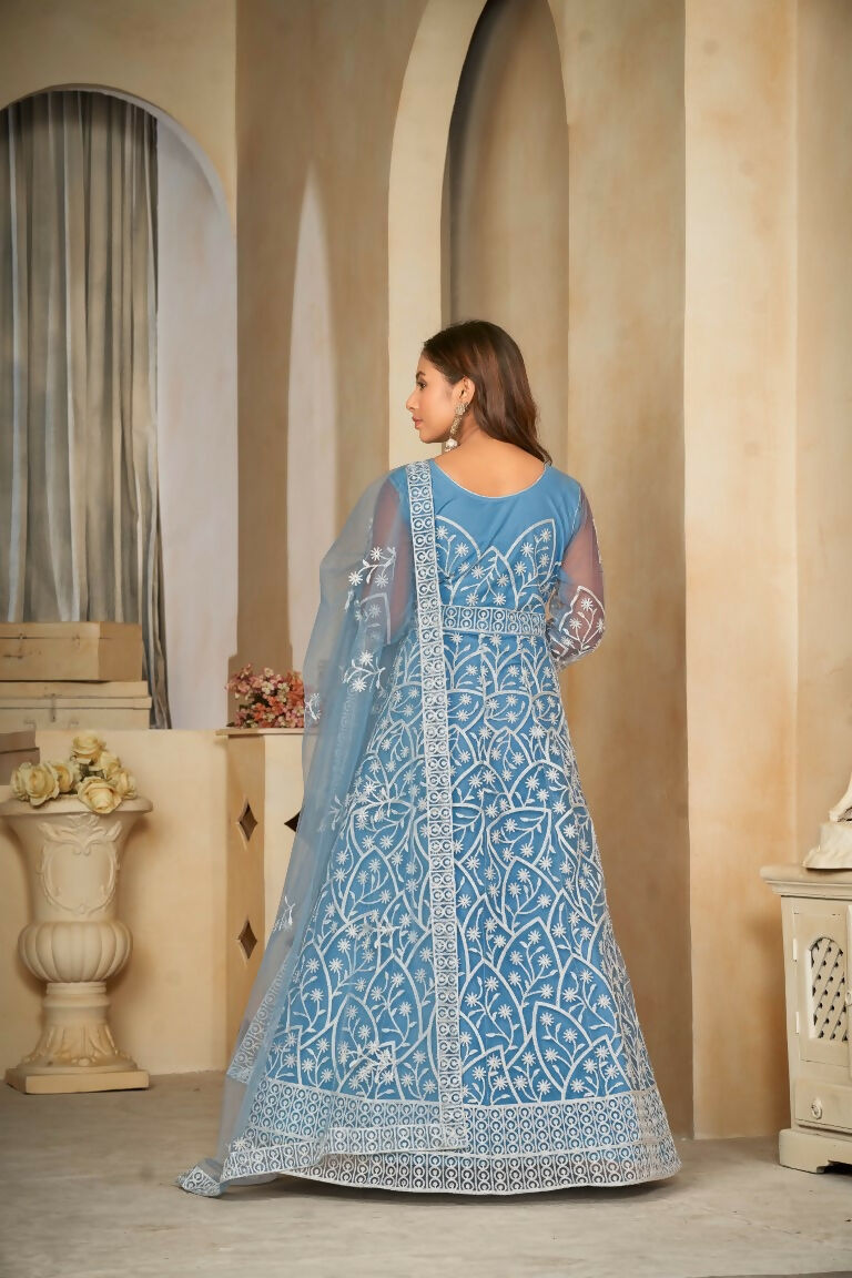 Jyoti Fashion Women's Sky Blue Net Embroidered Anarkali Kurta Pant Set With Dupatta | Grocsy