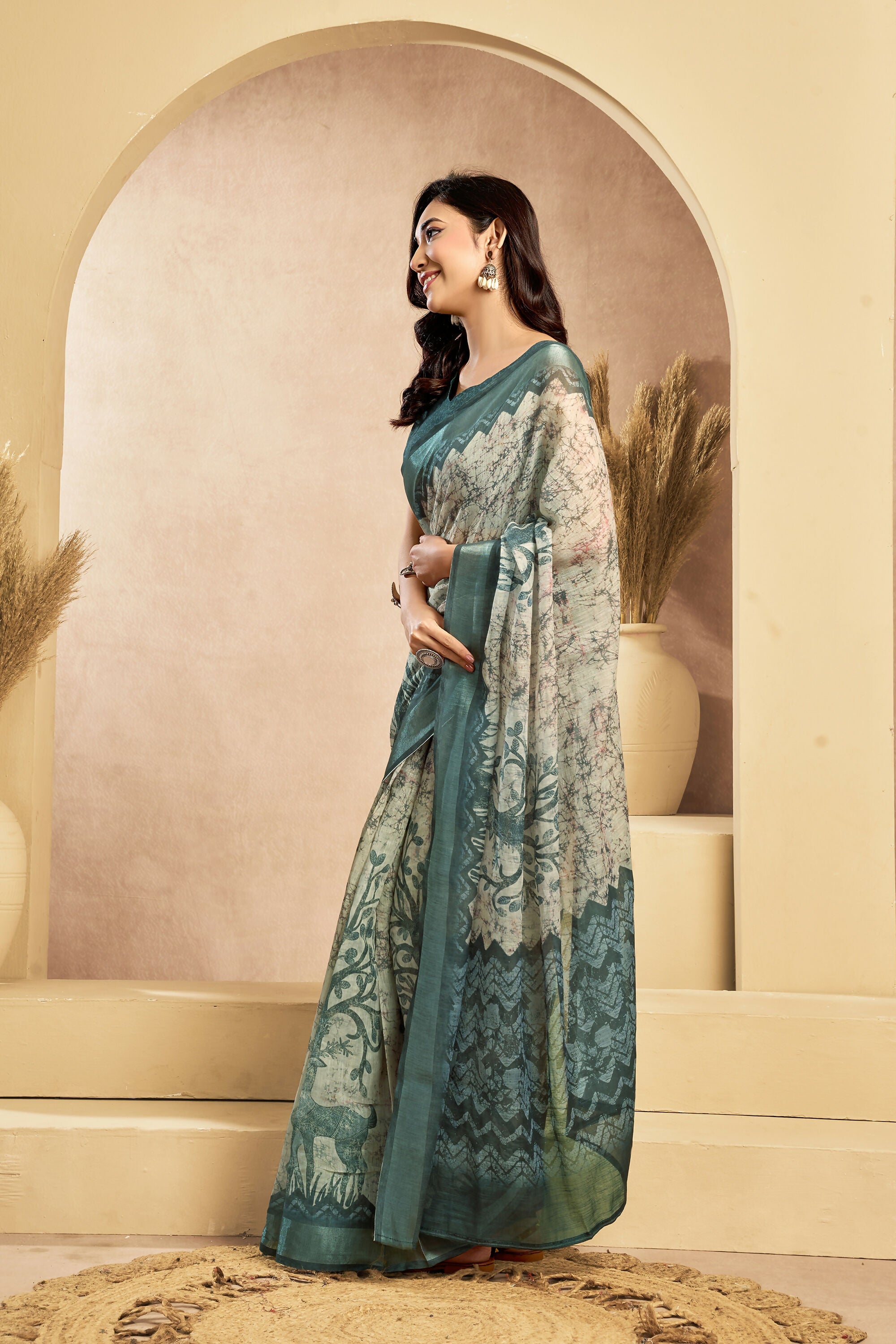 Vastranavya Digital Printed Linen Ready To Wear Designer Saree with Unstitched Blouse | Grocsy