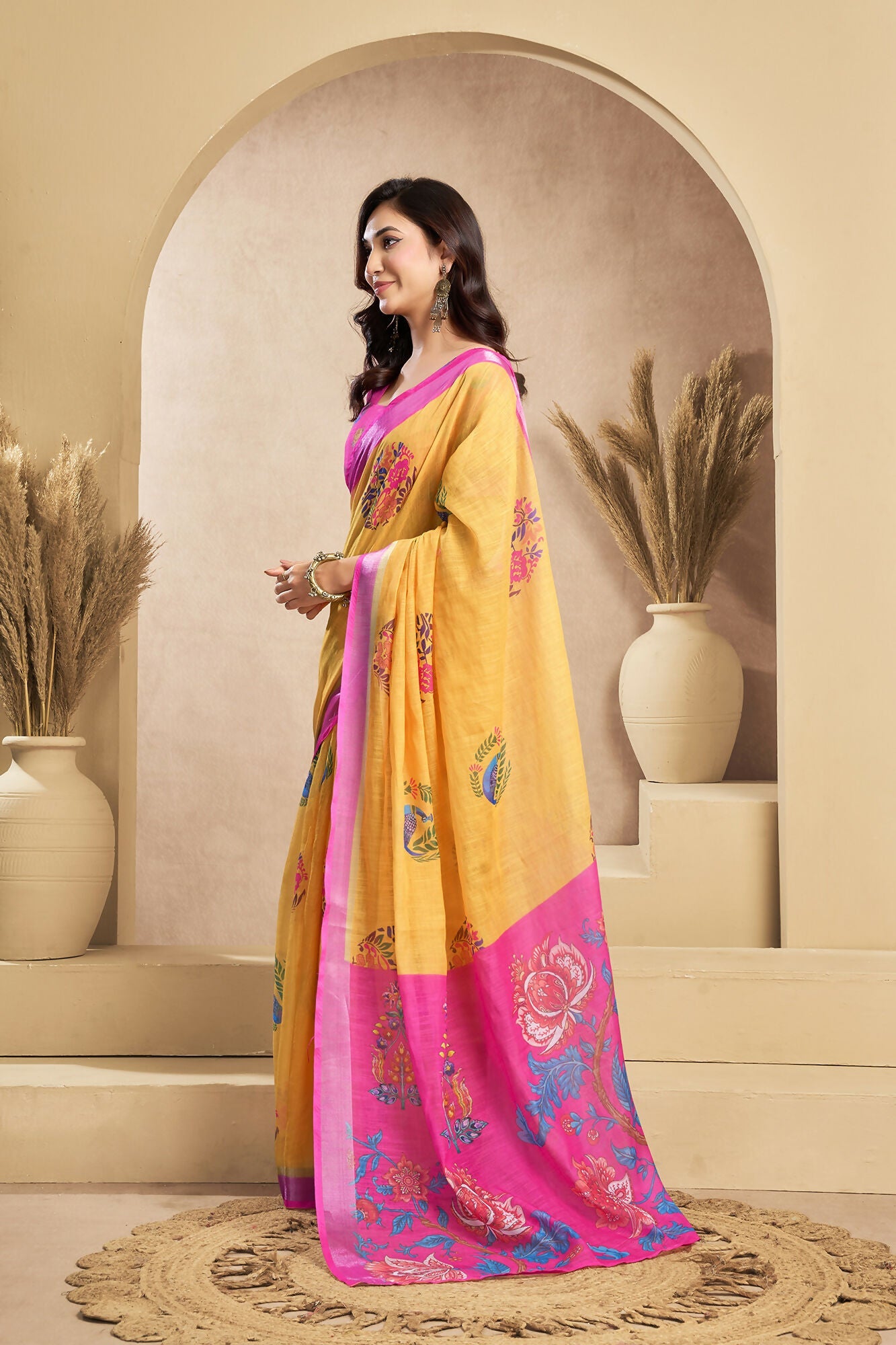 Vastranavya Mustard Digital Printed Linen Ready To Wear Designer Saree with Unstitched Blouse | Grocsy