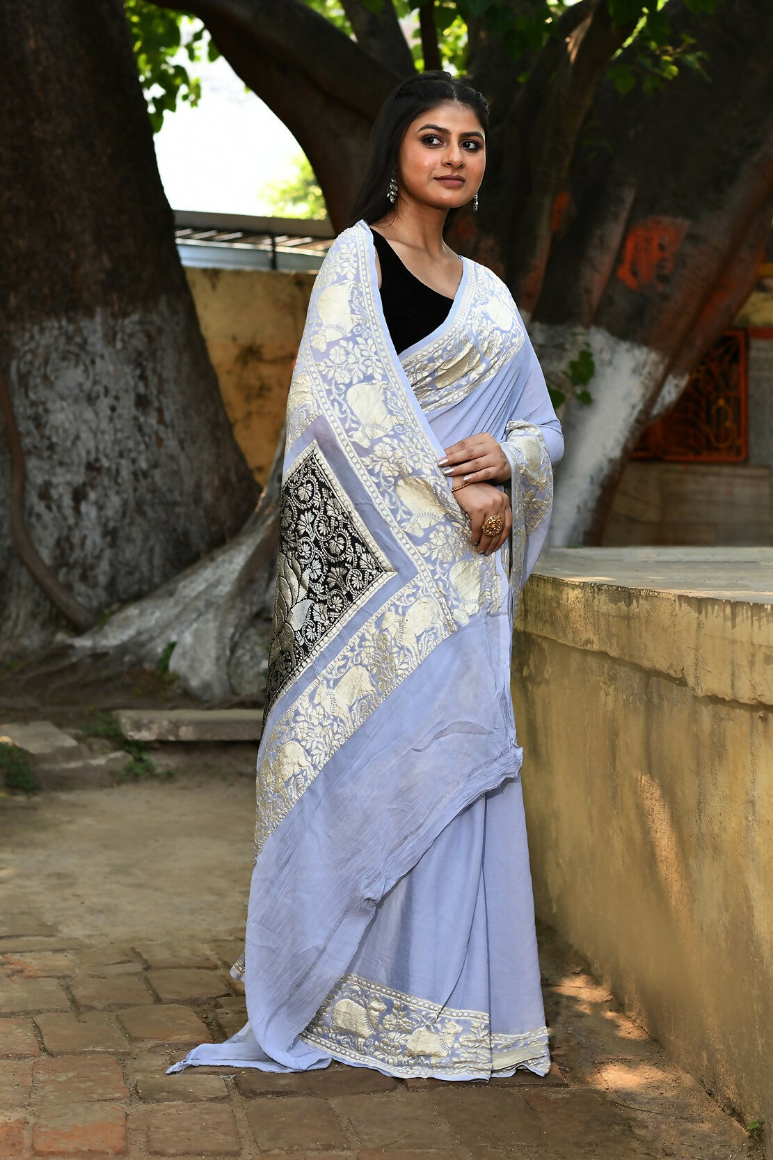 Joban Fashion Silver Crepe Chiffon Pure Handloom Banarasi Silk Saree | Grocsy
