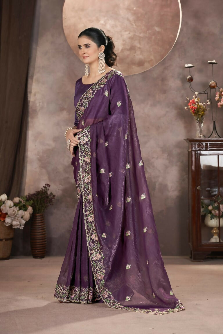 Vastranavya Gold Crunchy Multi Colour Threads Embroidery Work with Sequins Work Saree with Blouse material - Purple | Grocsy