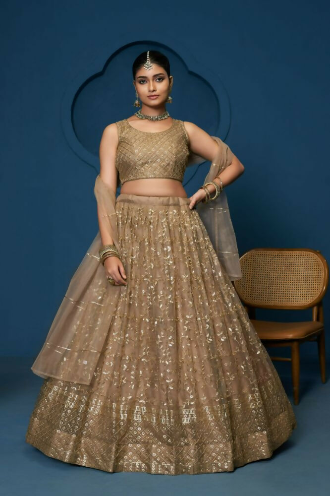 Brown Soft Netzari Embroidery Work Lehenga Choli - Jihu Culture | Grocsy