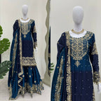 The52 Women's Beautiful Chinon silk Fabric Embroidery Work Straight Kurta Palazzo and Dupatta Set | Grocsy