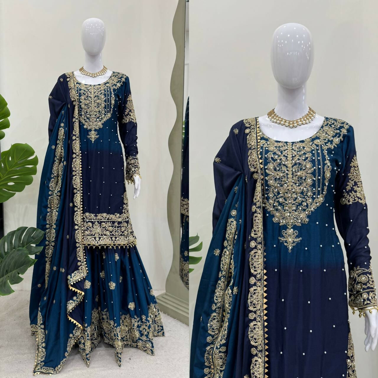 The52 Women's Beautiful Chinon silk Fabric Embroidery Work Straight Kurta Palazzo and Dupatta Set | Grocsy