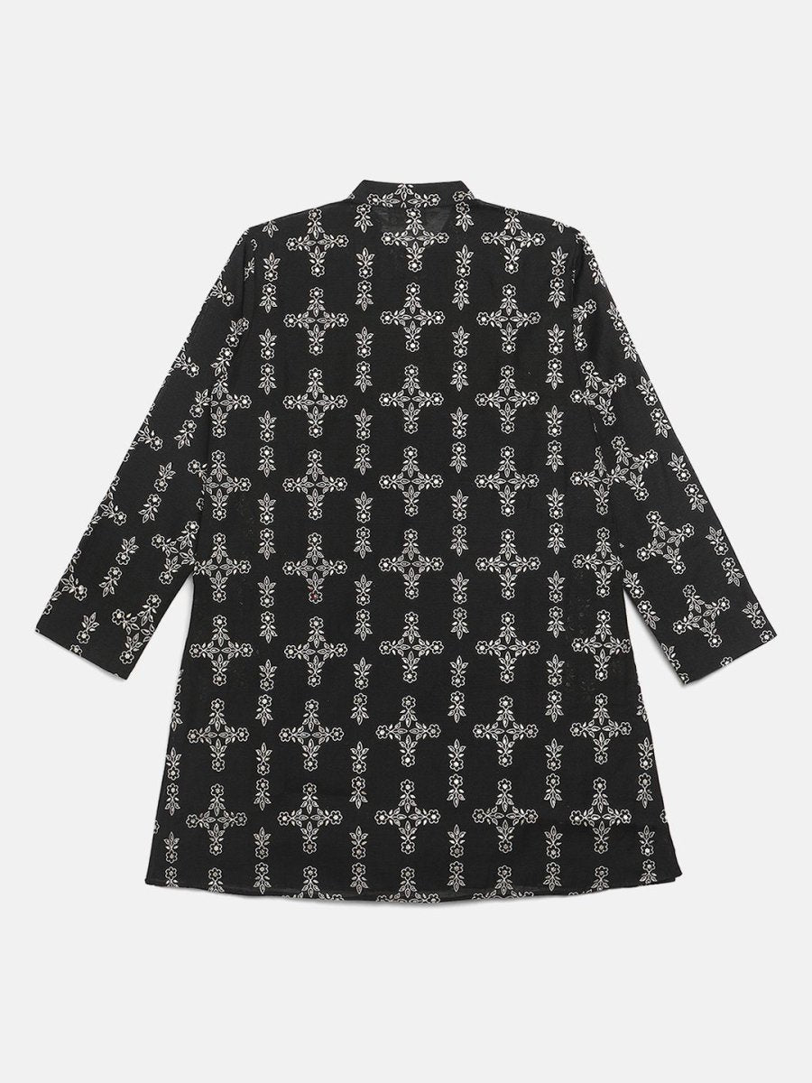 Ahalyaa Boys Black Chanderi Gold Printed Kids Kurta Churidar Set | Grocsy