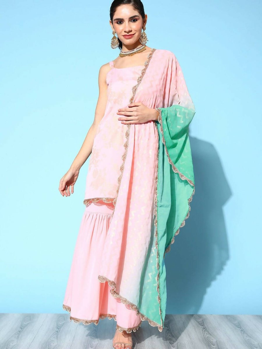 Ahalyaa Women's Baby Pink Crepe Gold Smoke Printed Kurta Sharara Set With Dupatta | Grocsy