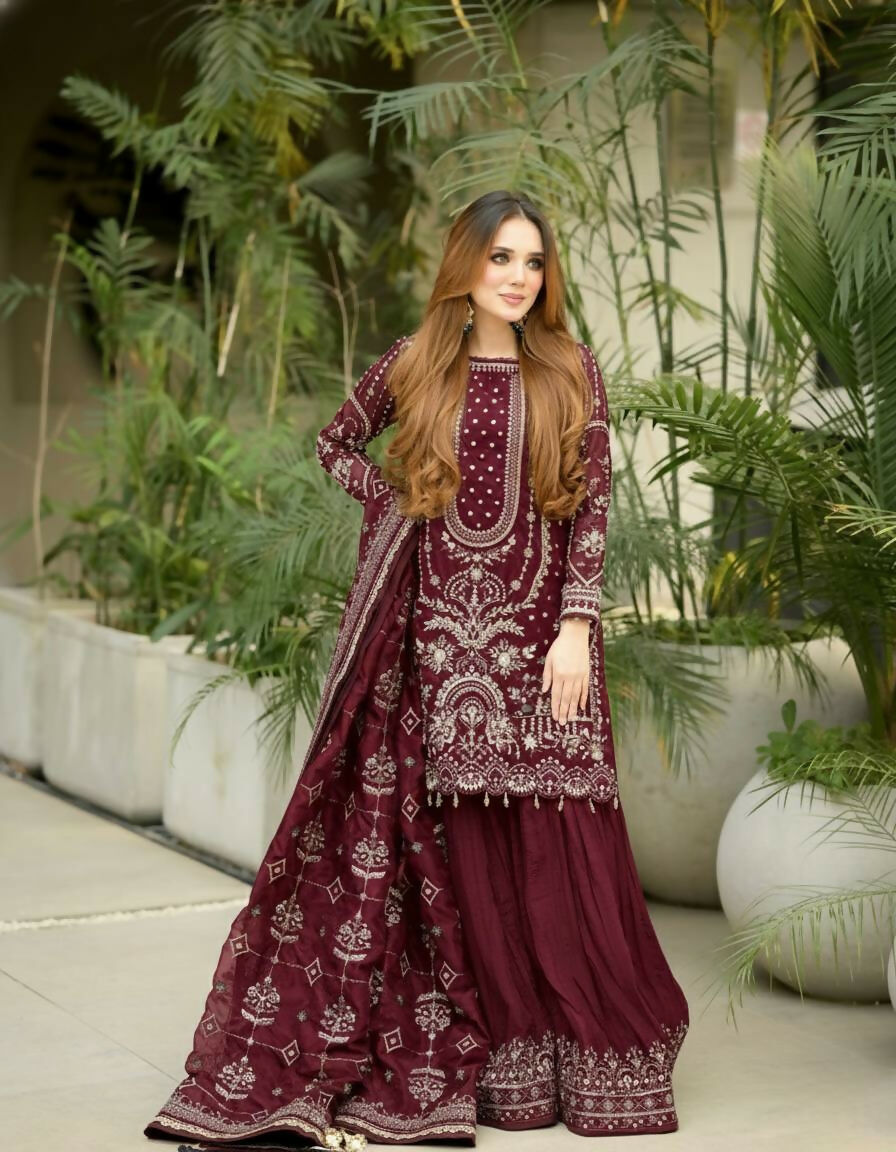 Teeya Creation Maroon Faux georgette Designer heavy work Wedding Wear Palazzo pair | Grocsy