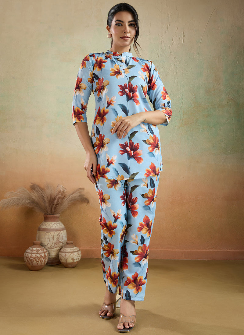 Prazu Fashion Sky Blue Printed Cotton Blend Co-Ord Set | Grocsy