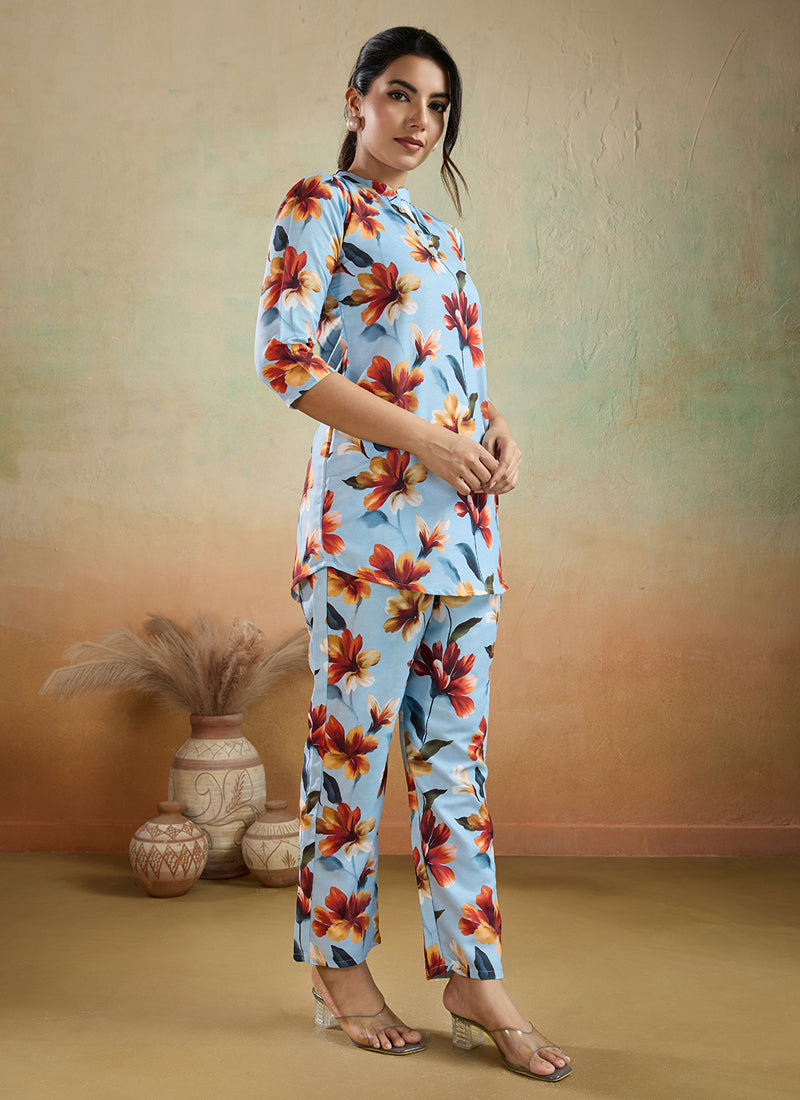 Prazu Fashion Sky Blue Printed Cotton Blend Co-Ord Set | Grocsy