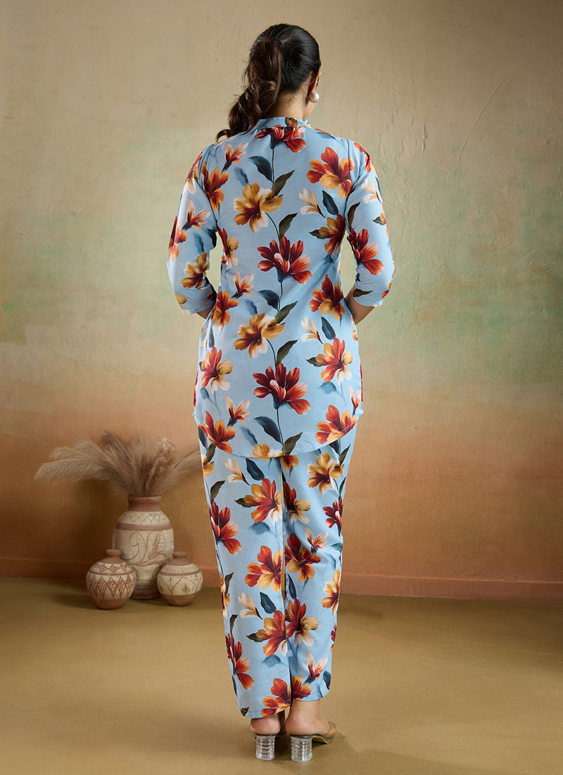 Prazu Fashion Sky Blue Printed Cotton Blend Co-Ord Set | Grocsy