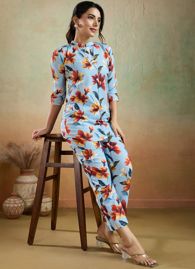 Prazu Fashion Sky Blue Printed Cotton Blend Co-Ord Set | Grocsy