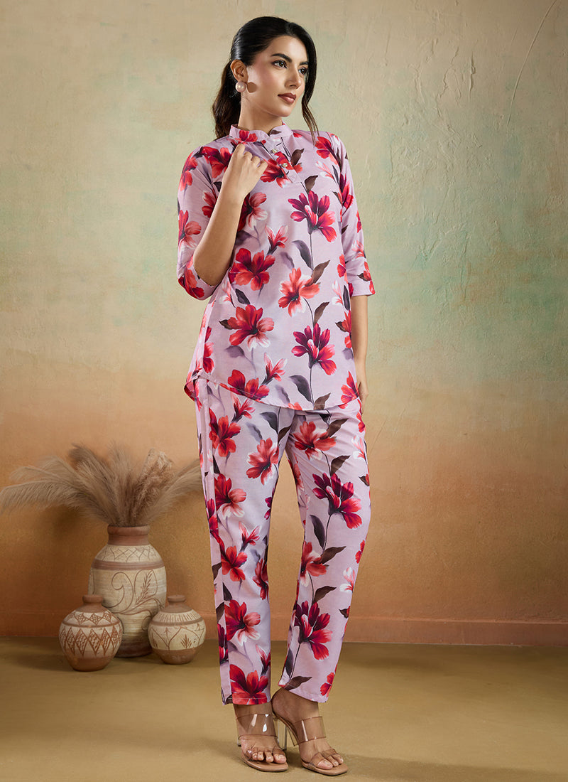 Prazu Fashion Light Pink Printed Cotton Blend Co-Ord Set | Grocsy