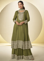 Vegaa Fashion Mehendi Chinon Silk Embroidered Designer Salwar Palazzo Suit | Grocsy