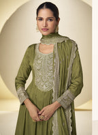 Vegaa Fashion Mehendi Chinon Silk Embroidered Designer Salwar Palazzo Suit | Grocsy