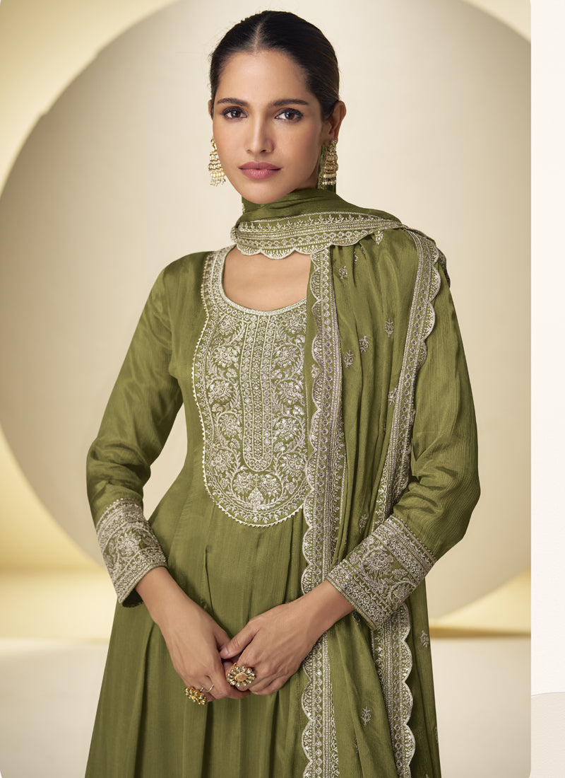 Vegaa Fashion Mehendi Chinon Silk Embroidered Designer Salwar Palazzo Suit | Grocsy