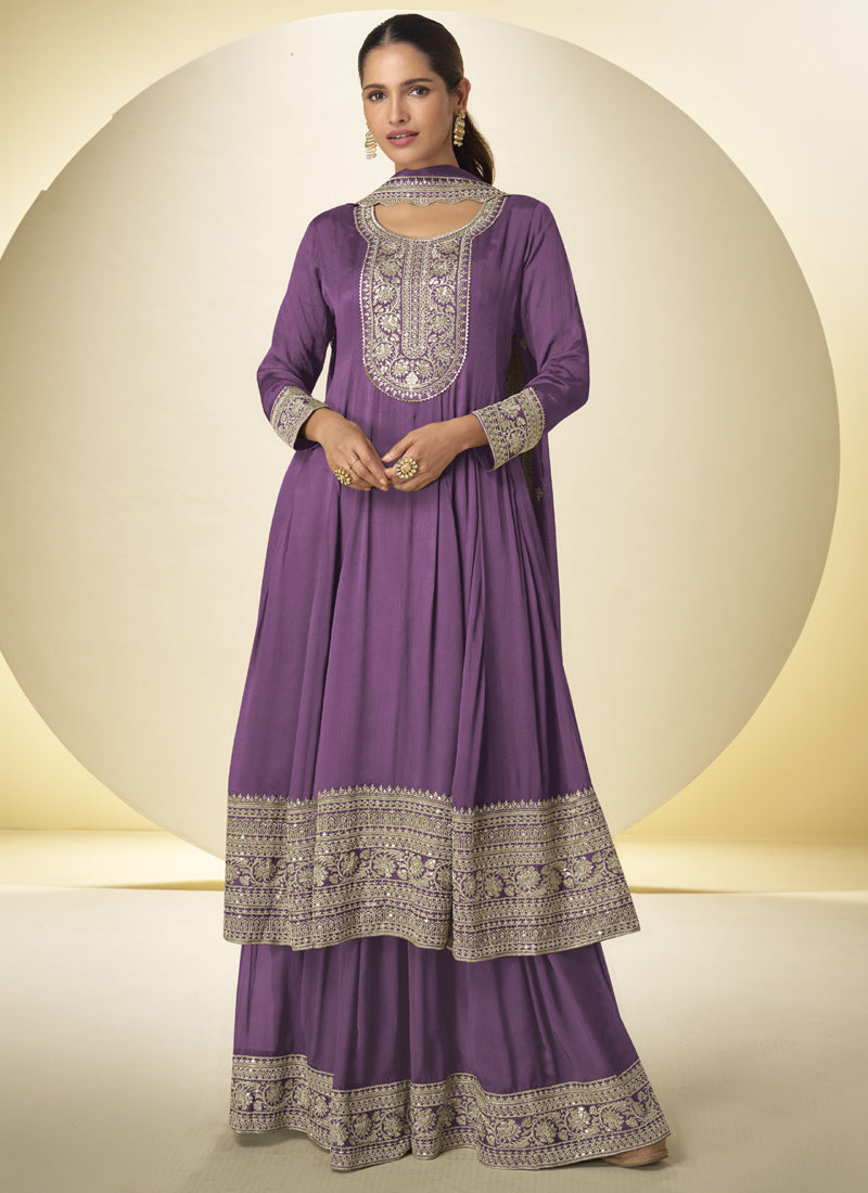 Vegaa Fashion Lavender Chinon Silk Embroidered Designer Salwar Palazzo Suit | Grocsy
