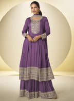 Vegaa Fashion Lavender Chinon Silk Embroidered Designer Salwar Palazzo Suit | Grocsy